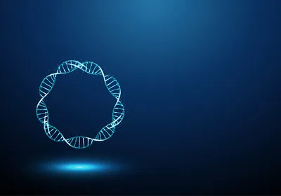 A light blue circular double helix against a dark blue background. A light blue circular double helix against a dark blue background.